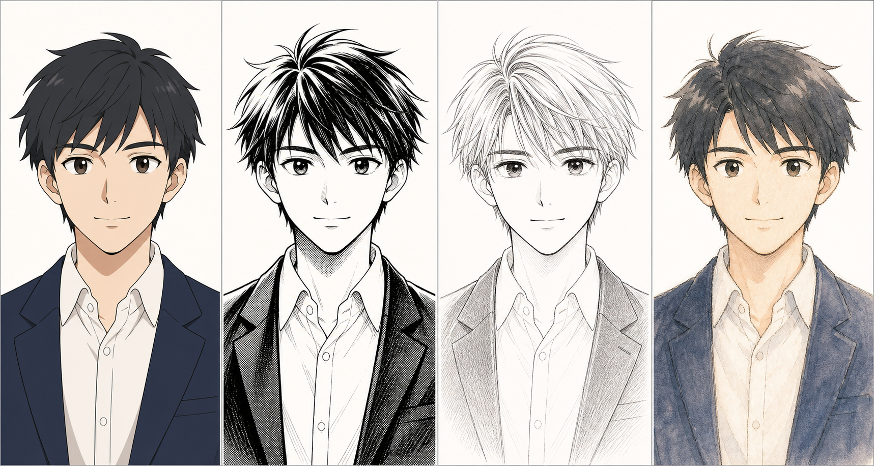 同じ人物を4種類の汎用アニメ・漫画タッチで描いた比較見本